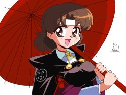 Rule 34 | 1990s (style), 1girl, blouse, breasts, brown eyes, brown hair, capelet, chiyoda (kancolle), choroli (chorolin), headband, kantai collection, looking at viewer, medium breasts, oil-paper umbrella, open mouth, retro artstyle, shirt, short hair, smile, solo, umbrella, upper body, white background