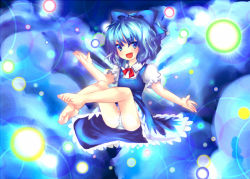Rule 34 | 1girl, barefoot, blue eyes, blue hair, cirno, danmaku, embodiment of scarlet devil, enone, feet, female focus, legs up, matching hair/eyes, open mouth, outstretched arm, outstretched hand, panties, pantyshot, ribbon, short hair, smile, solo, striped clothes, striped panties, touhou, underwear, upskirt, wings