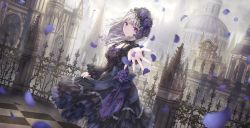 Rule 34 | 1girl, black dress, building, closed mouth, cloud, cloudy sky, commentary request, day, dress, fence, flower, frilled dress, frills, goth fashion, gothic lolita, grey hair, highres, lolita fashion, missile228, original, outdoors, outstretched arm, petals, purple eyes, purple flower, purple rose, rose, sky, smile, solo, standing, tower