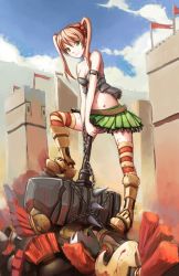 Rule 34 | 10s, 1girl, armor, bad deviantart id, bad id, blonde hair, blood, boots, brown hair, green eyes, hammer, ibarazaki emi, katawa shoujo, legs, midriff, multicolored clothes, multicolored legwear, skirt, softmode, solo, striped clothes, striped thighhighs, thighhighs, twintails