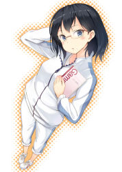 Rule 34 | 10s, 1girl, :o, black hair, blue eyes, blush, cross-laced footwear, eyelashes, foreshortening, from above, full body, glasses, gym uniform, haikyuu!!, hand on own head, head tilt, holding, hyuuga azuri, jacket, legs apart, long sleeves, looking at viewer, mole, mole under mouth, notebook, pants, pants rolled up, parted lips, pigeon-toed, rimless eyewear, shimizu kiyoko, shoes, short hair, sneakers, solo, standing, track jacket, track pants, track suit, white background, white footwear, zipper