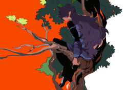 Rule 34 | 1boy, apios, black footwear, black pants, black shirt, faceless, faceless male, fengxi (the legend of luoxiaohei), from side, highres, in tree, long hair, long sleeves, male focus, pants, pointy ears, purple hair, red background, shirt, shoes, sidelocks, simple background, sitting, sketch, solo, luo xiaohei zhanji, tree, two-tone background