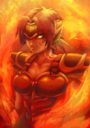 Rule 34 | 1girl, armor, artist name, breastplate, breasts, cleavage, collarbone, dragon girl, fire, fire, granberia, headgear, medium breasts, mon-musu quest!, monster girl, pauldrons, red hair, serious, shin2468, shoulder armor, sidelocks, solo, tattoo, upper body