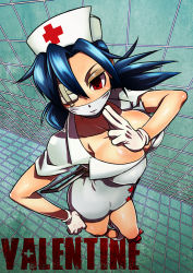 Rule 34 | 1girl, black panties, blue hair, breasts, character name, chinjuu hibakichi, choker, cleavage, cross, english text, eyepatch, flats, gloves, huge breasts, large breasts, mouth mask, nurse, panties, ponytail, red eyes, skullgirls, solo, standing, surgical mask, symbol-shaped pupils, underwear, valentine (skullgirls)