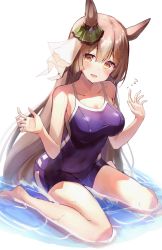 Rule 34 | 1girl, absurdres, animal ears, barefoot, blue one-piece swimsuit, bow, breasts, brown eyes, brown hair, collarbone, commentary request, ear ribbon, green ribbon, hands up, highres, horse ears, horse girl, horse tail, large breasts, long hair, looking at viewer, one-piece swimsuit, ribbon, satono diamond (umamusume), simple background, sitting, solo, swimsuit, tail, umamusume, wariza, water, wet, white background, yamada auto