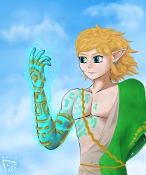 Rule 34 | 1boy, archaic set (zelda), artist name, bare pectorals, blonde hair, blue eyes, blue sky, cloud, cloudy sky, earrings, glowing, glowing eyes, glowing hand, highres, jewelry, light particles, lightning, link, long hair, messy hair, nintendo, pectorals, pointy ears, richart, rope belt, self-upload, single bare shoulder, sky, tattoo, the legend of zelda, the legend of zelda: breath of the wild, the legend of zelda: tears of the kingdom, torn clothes