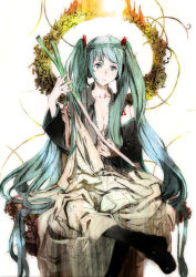 Rule 34 | 1girl, ancient greek clothes, aqua eyes, aqua hair, breasts, cleavage, detached sleeves, expressionless, halo, hatsune miku, headphones, himation, long hair, necktie, necktie on head, onion, open clothes, open shirt, shirt, sitting, solo, toga, toi8, twintails, very long hair, vocaloid, white background