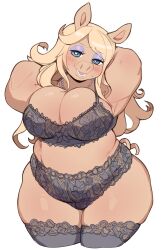 Rule 34 | 1girl, animal ears, arm behind head, blonde hair, blue eyes, blush, breasts, cleavage, cowboy shot, cropped legs, eyeshadow, fat, grey thighhighs, half-closed eyes, head tilt, highres, jewelry, lace, lace-trimmed legwear, lace trim, large breasts, lightsource, long hair, looking at viewer, makeup, miss piggy, muppets, necklace, open mouth, pearl necklace, pig girl, pig snout, purple eyeshadow, solo, sweat, thick arms, thick thighs, thighhighs, thighs, underwear, underwear only