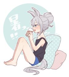 Rule 34 | 1girl, alternate hairstyle, animal ears, barefoot, black shirt, blue shorts, blush, cup, fang, grey hair, hair bun, holding, holding cup, horse ears, horse girl, horse tail, knees up, nm222hz, open mouth, pillow, shirt, short hair, short shorts, shorts, sitting, skin fang, solo, sweat, tail, tamamo cross (umamusume), tank top, toes, umamusume, v-shaped eyebrows