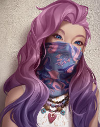 Rule 34 | 1girl, artist request, blue eyes, close-up, facial mark, forehead, gradient hair, head tilt, highres, jewelry, league of legends, long hair, looking at viewer, mask, mouth mask, multicolored hair, necklace, pink hair, seraphine (league of legends), solo, wavy hair