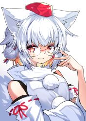 Rule 34 | 1girl, :3, absurdres, adjusting eyewear, animal ears, bare shoulders, bespectacled, blush, detached sleeves, glasses, hat, highres, inubashiri momiji, looking at viewer, pokopoko ponzu, pom pom (clothes), red eyes, ribbon-trimmed sleeves, ribbon trim, short hair, simple background, solo, tail, tokin hat, touhou, white background, white hair, wolf ears, wolf girl, wolf tail