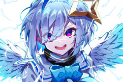 Rule 34 | 1girl, :d, absurdres, amane kanata, angel wings, blue bow, blue hair, bow, commentary request, eyes visible through hair, feathered wings, halo, highres, hololive, looking at viewer, multicolored hair, open mouth, pension z, portrait, purple eyes, purple hair, sailor collar, short hair, silver hair, simple background, smile, solo, star halo, streaked hair, turtleneck, virtual youtuber, white background, white sailor collar, wings