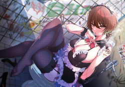 Rule 34 | 1girl, aketa mikoto, alternate costume, arm support, arm tattoo, black bra, bra, braid, breasts, brown hair, cigarette, cleavage, crossed legs, enmaided, fishnet thighhighs, fishnets, frilled bra, frills, graffiti, high heels, highres, holding, holding cigarette, idolmaster, idolmaster shiny colors, large breasts, looking at viewer, maid, multicolored eyes, on toilet, shoes, unworn shoes, smoking, solo, tattoo, thighhighs, thighs, tile floor, tiles, toes, toilet, toilet seat, underwear, wrist cuffs, yamabuki ryuu