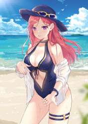 Rule 34 | 1girl, :o, bangle, bare shoulders, beach, black hat, blouse, blue one-piece swimsuit, blue sky, bracelet, breasts, caitlyn (league of legends), center opening, cleavage, cloud, cowboy shot, day, eyewear on headwear, frown, halterneck, hat, highres, horizon, hum (ten ten), jewelry, large breasts, league of legends, long hair, looking at viewer, ocean, off shoulder, one-piece swimsuit, open clothes, open shirt, outdoors, parted lips, pink hair, pool party caitlyn, purple eyes, shirt, skindentation, sky, solo, standing, sun hat, sunglasses, sunlight, swimsuit, thigh strap, thighs, water, wet, white shirt