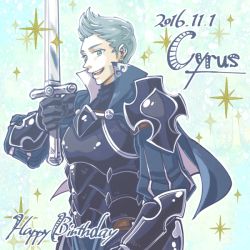 Rule 34 | 1boy, armor, bad id, bad pixiv id, blue hair, cape, character name, dated, fire emblem, fire emblem fates, gloves, green eyes, happy birthday, holding, holding sword, holding weapon, male focus, nintendo, open mouth, shirokuro (0501nk), silas (fire emblem), sparkle, sword, teeth, upper body, weapon