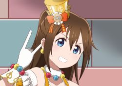 Rule 34 | 1girl, absurdres, aqua eyes, arm garter, artist name, artist request, back bow, bag, bare shoulders, blue eyes, blush, bow, bowtie, bracelet, breasts, brick wall, brown corset, brown hair, cheer for you!!, cheer for you!! (love live!), close-up, collarbone, corset, dream land! dream world!, dream land! dream world! (love live!), dress, earrings, female focus, frilled dress, frills, fur collar, fur trim, gem, gloves, hair between eyes, half updo, handbag, hat, hat bow, high ponytail, highres, jewelry, long hair, looking at viewer, love live!, love live! nijigasaki high school idol club, love live! school idol festival, m/, mini hat, mini top hat, necklace, orange bow, orange dress, osaka shizuku, outdoors, parted lips, pearl (gemstone), pearl bracelet, pearl necklace, plaid, plaid dress, pleated, pleated dress, ponytail, puffy short sleeves, puffy sleeves, red bow, short sleeves, smile, solo, striped clothes, striped dress, teeth, top hat, upper body, v-shaped eyebrows, vertical-striped clothes, vertical-striped dress, white gloves, yellow dress, yellow hat