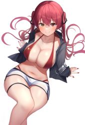 Rule 34 | 1girl, bikini, bikini under clothes, black jacket, breasts, closed mouth, collarbone, dolphin shorts, gold trim, hair ribbon, heterochromia, highres, hololive, houshou marine, houshou marine (summer), jacket, large breasts, leaning back, long hair, looking at viewer, menmen (menmen13s), nail polish, navel, red bikini, red eyes, red hair, red nails, ribbon, shorts, simple background, sitting, smile, solo, stomach, swimsuit, thigh strap, twintails, virtual youtuber, white background, yellow eyes
