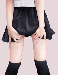 Rule 34 | 1girl, black skirt, black thighhighs, commentary, english commentary, from behind, hands on own thighs, highres, kottungyang, lower body, miniskirt, original, pleated skirt, shirt, simple background, skirt, solo, standing, thighhighs, thighs, white background, white shirt