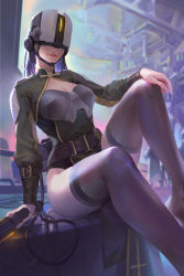 Rule 34 | 1girl, 39 bukun, absurdres, arm at side, arm support, armor, belt, black thighhighs, blurry, breastplate, breasts, cable, cleavage, copyright request, depth of field, facing viewer, feet out of frame, glowing, gun, hand on own knee, head-mounted display, highres, holding, holding gun, holding weapon, knee up, leotard, light smile, long sleeves, medium breasts, medium hair, outstretched arm, pauldrons, purple hair, science fiction, shoulder armor, shrug (clothing), sitting, solo, tabard, thighhighs, tube, weapon