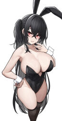 Rule 34 | 1girl, alternate costume, animal ears, azur lane, bare arms, bare shoulders, black leotard, black thighhighs, blush, breasts, cleavage, crossed bangs, fake animal ears, hand on own hip, highres, large breasts, leotard, long hair, looking at viewer, parted lips, playboy bunny, rabbit ears, red eyes, simple background, siu (siu0207), smile, solo, standing, taihou (azur lane), thighhighs, thighs, white background, wrist cuffs