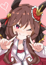 alternate_costume animal_ears brown_hair closed_mouth commentary gentildonna_(umamusume) hair_between_eyes hair_ornament hair_rings horse_ears horse_girl jacket medium_hair nodachi_(artist) one_eye_closed pink_background portrait red_eyes simple_background tehepero track_jacket umamusume