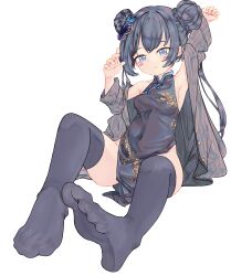 Rule 34 | 1girl, arm up, armpits, bare legs, black hair, black thighhighs, blue archive, blue eyes, blush, braid, braided bun, breasts, butterfly hair ornament, chaosexceed, china dress, chinese clothes, closed mouth, commentary, commentary request, double bun, dragon print, dress, english commentary, eyelashes, feet, foreshortening, full body, hair bun, hair ornament, hand up, highres, kisaki (blue archive), legs, medium breasts, mixed-language commentary, no shoes, partial commentary, print dress, sideboob, sidelocks, simple background, sitting, soles, solo, thighhighs, toenails, toes, white background