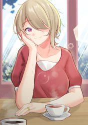 Rule 34 | 1girl, absurdres, blue sky, brown hair, closed mouth, cloud, cloudy sky, cup, haerge, hair over one eye, hand on own cheek, hand on own face, highres, honkai (series), honkai impact 3rd, indoors, jewelry, looking at viewer, purple eyes, red shirt, ring, rita rossweisse, shirt, short hair, short sleeves, sitting, sky, solo, table, tea, teacup, window