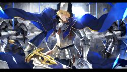 Rule 34 | 6+boys, armor, army, arthur pendragon (fate), backlighting, bad id, bad pixiv id, blonde hair, blue cloak, blue coat, breastplate, buckle, clenched hand, cloak, closed mouth, coat, commentary, cross, excalibur (fate/prototype), falling petals, fate/prototype, fate (series), faulds, full armor, gauntlets, green eyes, hair over one eye, helm, helmet, holding, holding sword, holding weapon, hood, hood up, hooded coat, letterboxed, light, long sleeves, looking at viewer, male focus, mono (jdaj), multiple boys, pauldrons, petals, serious, shoulder armor, standing, sword, two-handed, v-shaped eyebrows, v-shaped eyes, weapon, wind