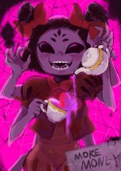 Rule 34 | 1girl, absurdres, arthropod girl, backlighting, black eyes, black hair, blank eyes, blueberry tea, blurry, blurry foreground, blush, bow, bowtie, breasts, bug, colored skin, cup, english text, extra arms, extra eyes, female focus, hair bow, hands up, happy, heart, highres, holding, holding cup, holding teapot, insect girl, light blush, muffet, open mouth, pink background, pink theme, pouring, puffy short sleeves, puffy shorts, puffy sleeves, purple skin, red bow, red bowtie, red shirt, red shorts, sharp teeth, shirt, short hair, short sleeves, short twintails, shorts, sign, silk, small breasts, smile, solo, spider, spider girl, spider web, standing, straight-on, teacup, teapot, teeth, tongue, twintails, undertale