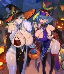 Rule 34 | 2girls, absurdres, blonde hair, blue hair, breasts, china dress, chinese clothes, cleavage, cleavage cutout, clothing cutout, covered erect nipples, curvy, dress, enta (nia), gigantic breasts, halloween, halloween costume, hat, heterochromia, highres, huge breasts, jiangshi costume, long hair, looking at viewer, multiple girls, navel, nia (nia4294), ofuda, original, purple eyes, short hair, smile, thick thighs, thighhighs, thighs, wide hips, witch
