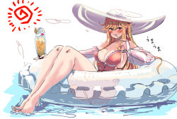 Rule 34 | azur lane, bare legs, barefoot, blonde hair, blush, breasts, eating, floating, hat, hey taisyou, highres, innertube, large breasts, official alternate costume, one-piece swimsuit, parfait, richelieu (azur lane), richelieu (fleuron of the waves) (azur lane), smile, solo, swim ring, swimsuit