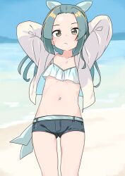 Rule 34 | 1girl, arm behind head, arms up, beach, bikini, blue bikini, blue hair, blush, closed mouth, collarbone, commentary request, flat chest, green eyes, hair ribbon, jacket, kantai collection, long hair, long sleeves, looking at viewer, nassukun, navel, ocean, official alternate costume, open clothes, open jacket, paid reward available, ribbon, short shorts, shorts, solo, suzunami (kancolle), swimsuit, white jacket