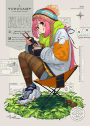 Rule 34 | 1girl, arakawa (iru and ruka), blue eyes, camping chair, chopsticks, clothes), eating, english text, food, gloves, grass, hair ribbon, highres, jacket, kagamihara nadeshiko, leggings, long hair, looking at viewer, map, multicolored clothes, multicolored legwear, mushroom, nissin cup noodle, pinecone, pink hair, purple eyes, ribbon, shoes, signature, sitting, sneakers, solo, stamp, striped, striped leggings, tongue, tongue out, white footwear, white jacket, woollen cap