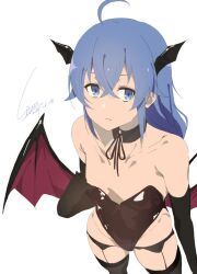 Rule 34 | 1girl, adjusting clothes, ahoge, armpit crease, bat wings, black collar, black gloves, black leotard, black thighhighs, blue eyes, blue hair, breasts, brown dust 2, collar, demon girl, eyebrows hidden by hair, feet out of frame, from above, garter belt, gloves, groin, head wings, highleg, highleg leotard, leotard, long bangs, long hair, looking at viewer, low wings, mushoku tensei, roxy migurdia, signature, simple background, sitnon, small breasts, solo, thighhighs, very long hair, white background, wings