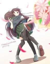 Rule 34 | 10s, 2girls, :d, black legwear, bouquet, brown eyes, brown hair, commentary request, dated, flower, from behind, hug, kantai collection, kisaragi (kancolle), long hair, multiple girls, mutsuki (kancolle), one eye closed, open mouth, pantyhose, pleated skirt, remodel (kantai collection), short hair, skirt, smile, thighhighs, typo, usui harusame, white background