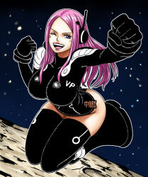 Rule 34 | 1girl, alternate costume, ass, black leotard, breasts, clenched hands, curvy, egghead island, huge ass, iury padilha, jewelry bonney, jewelry bonney (egghead), large breasts, leotard, lips, lipstick, long hair, looking at viewer, makeup, official alternate costume, one eye closed, one piece, pink hair, purple eyes, revealing clothes, shiny skin, thighhighs, wide hips, wink
