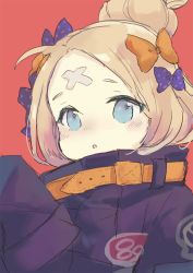 Rule 34 | 1girl, :o, abigail williams (fate), abigail williams (traveling outfit) (fate), black bow, black jacket, blonde hair, blue eyes, blush, bow, commentary request, fate/grand order, fate (series), hair bow, hair bun, hand up, highres, jacket, long hair, long sleeves, looking at viewer, official alternate costume, orange bow, parted bangs, parted lips, polka dot, polka dot bow, red background, sha2mo, simple background, single hair bun, sleeves past fingers, sleeves past wrists, solo, very long hair