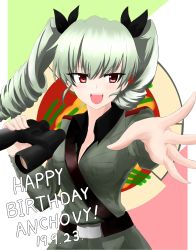 Rule 34 | 1girl, :d, absurdres, aikir (jml5160), anchovy (girls und panzer), anzio (emblem), anzio military uniform, belt, binoculars, black ribbon, blush, breasts, cleavage, cowboy shot, dated, drill hair, emblem, english text, girls und panzer, happy birthday, highres, medium breasts, open mouth, outstretched hand, red eyes, ribbon, smile, solo, twin drills, white background