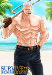 Rule 34 | 1boy, abs, bara, beach, cigar, facial hair, feet out of frame, frown, jitte, kokorozashi, large pectorals, long sideburns, looking at viewer, male focus, mature male, muscular, muscular male, navel, nipples, obliques, one piece, outdoors, pectorals, sand, scar, scar on neck, short hair, sideburns, smoker (one piece), smoking, solo, standing, stomach, strongman waist, stubble, summer, topless male, weapon, white hair