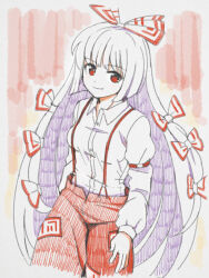 Rule 34 | 1girl, bow, closed mouth, collared shirt, fujiwara no mokou, grimay, hair bow, hashtag-only commentary, long hair, looking at viewer, pants, red eyes, red pants, shirt, smile, solo, suspenders, touhou, white bow, white shirt
