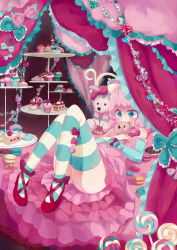 Rule 34 | 1girl, aqua eyes, aqua sleeves, aqua thighhighs, bare shoulders, bed, bow, bow legwear, cake, candy, commentary, covered mouth, cupcake, curtains, decorations, detached sleeves, doughnut, dress, english commentary, food, footwear bow, frilled bow, frilled curtains, frilled dress, frilled sleeves, frills, fruit, hugging object, itouchaba, knees together feet apart, knees up, layered dress, lollipop, lying, macaron, multicolored clothes, multicolored legwear, on back, on bed, original, pink bow, pink dress, pink hair, red footwear, shoes, solo, strawberry, strawberry shortcake, striped clothes, striped thighhighs, stuffed animal, stuffed toy, swirl lollipop, teddy bear, thick thighs, thighhighs, thighs, tiered tray, tray, white thighhighs, wrapped candy