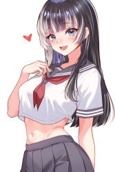 Rule 34 | 1girl, absurdres, amaki daisuke, black hair, blue eyes, blunt bangs, blush, breasts, fang, grey hair, grey sailor collar, grey skirt, highres, hololive, hololive dev is, juufuutei raden, large breasts, long hair, looking at viewer, midriff, multicolored hair, navel, neckerchief, open mouth, pleated skirt, red neckerchief, sailor collar, school uniform, serafuku, shirt, short sleeves, skin fang, skirt, smile, solo, streaked hair, two-tone hair, virtual youtuber, white background, white shirt