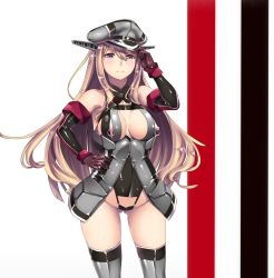 Rule 34 | 10s, 1girl, adapted costume, bismarck (kancolle), blonde hair, blue eyes, breasts, elbow gloves, gloves, gluteal fold, hand on own hip, hand to hat, hat, hiememiko, kantai collection, latex, long hair, medium breasts, nipple cutout, nipple piercing, nipples, piercing, solo, thighhighs