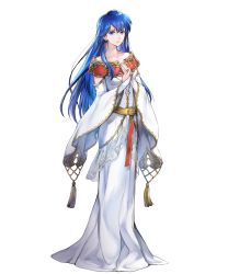 Rule 34 | 1girl, blue eyes, blue hair, bridal gauntlets, dress, earrings, elice (fire emblem), female focus, fire emblem, fire emblem: mystery of the emblem, fire emblem heroes, full body, gold trim, highres, jewelry, long dress, long hair, long sleeves, matching hair/eyes, nintendo, non-web source, official art, smile, solo, standing, transparent background, white dress, wide sleeves