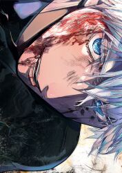 Rule 34 | 1boy, black jacket, blood, blood from mouth, blood on face, blue eyes, gojou satoru, highres, jacket, jujutsu kaisen, looking at viewer, male focus, open mouth, s o i, short hair, sideways, smile, solo, upper body, white hair, yellow background