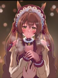 Rule 34 | 1girl, ahoge, animal ears, blurry, blurry background, blush, bonnet, breasts, brown eyes, brown hair, city lights, closed mouth, clothing cutout, commentary request, cw ien, disembodied hand, hair between eyes, hair ornament, highres, horse ears, horse girl, medium breasts, mejiro bright (starry snow lolita) (umamusume), mejiro bright (umamusume), official alternate costume, official alternate hairstyle, portrait, ribbon, shoulder cutout, smile, solo focus, twintails, umamusume, visible air