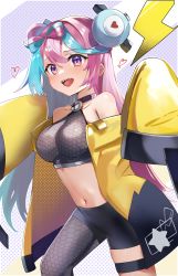 Rule 34 | 1girl, bow-shaped hair, breasts, character hair ornament, creatures (company), game freak, grey pantyhose, hair ornament, hexagon print, highres, iono (pokemon), jacket, long hair, low-tied long hair, medium breasts, multicolored hair, nintendo, nohohon neko, oversized clothes, pantyhose, pokemon, pokemon sv, sharp teeth, single leg pantyhose, sleeves past fingers, sleeves past wrists, solo, split-color hair, teeth, very long sleeves, x, yellow jacket