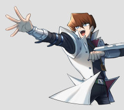 Rule 34 | 1boy, :d, belt, belt buckle, black pants, blue eyes, bright pupils, brown hair, buckle, buttons, clenched hand, coat, commentary request, duel disk, hair between eyes, kaiba seto, koma yoichi, male focus, open clothes, open coat, open mouth, outstretched arm, pants, shirt, smile, solo, spread fingers, white coat, white pupils, yu-gi-oh!, yu-gi-oh! duel monsters
