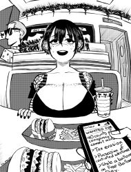 Rule 34 | 1boy, 1girl, black hair, black nails, breasts, burger, cellphone, cleavage, cup, disposable cup, drinking straw, earrings, fast food, food, freckles, freckles on breasts, french fries, gekikara (tomboy-sama), highres, irezumi, jewelry, large breasts, long sleeves, loose clothes, loose shirt, nail polish, original, phone, scar, scar on face, shirt, smartphone, sunglasses, swat, sweat, tattoo, arm tattoo, wanted, yakuza