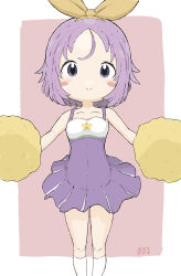 Rule 34 | 1girl, absurdres, bare shoulders, blush stickers, breasts, brown ribbon, cheerleader, cleavage, collarbone, commentary request, dress, forehead, hair ribbon, highres, hiiragi tsukasa, kneehighs, lucky star, parted bangs, pink background, pleated dress, pom pom (cheerleading), purple dress, purple eyes, purple hair, ribbon, rururu (pyrk8855), signature, sleeveless, sleeveless dress, small breasts, socks, solo, two-tone background, white background, white socks